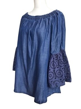 DG2 Diane Gilman Blue Cotton Off The Shoulder Embroidered Bell Sleeve TOP NWT